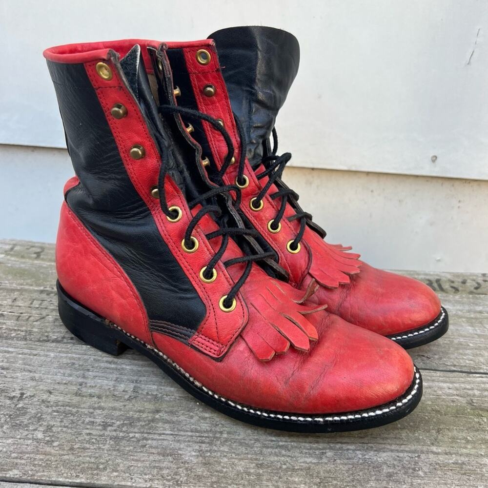 Vintage 80s Justin Roper Kilte Fringe Toe Lacer Black Red Goth Punk Granny Boots